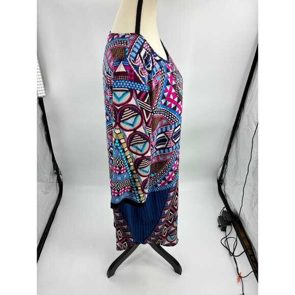 Pink Owl Womens Size L Multicolor Geometric Print Dress 3/4 Sleeve Boho Tunic - Picture 3 of 7